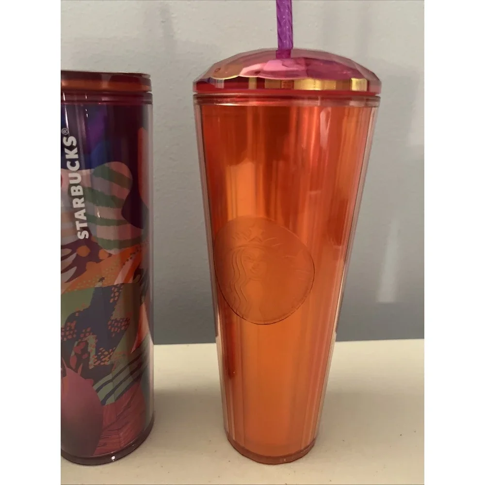 Lot of 3 Starbucks 24oz Venti‎ Tumbler Cups With Lids And Straws Metal, Plastic